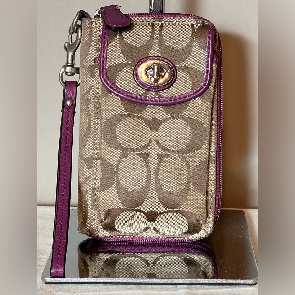 COACH Signature Khaki Brown & Purple Wristlet - EUC